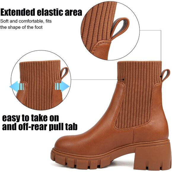 BKWHDAY Women's Brown Chelsea Platform Ankle Boots Fashion Chunky Heel - Picture 4 of 7